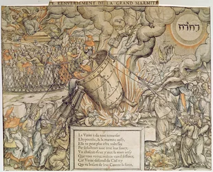 De omvallende smeltkroes (kleurgravure)